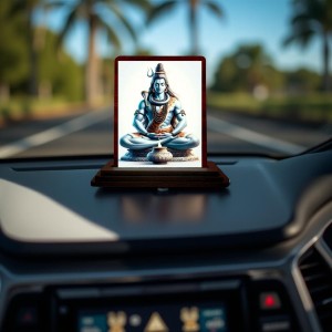 Car Desk/Table Top Lord Shiva Wooden Photo Stand 3x4 Inches, Compact & Stylish Spiritual Display For Car, Home & Office (Pack Of 1) (F14630)