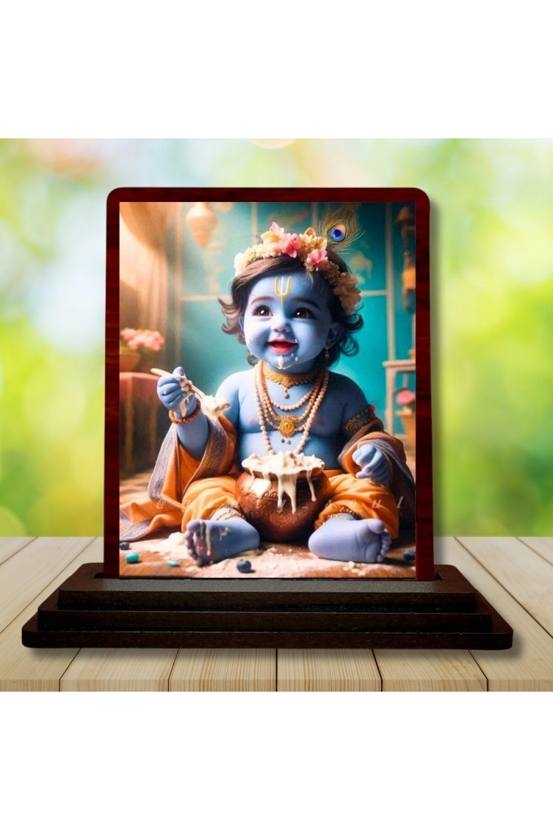 Car Desk/Table Top Lord Krishna Wooden Photo Stand â€“ 3x4 Inches, Compact & Stylish Spiritual Display For Car, Home & Office (Pack Of 1) (F14473)