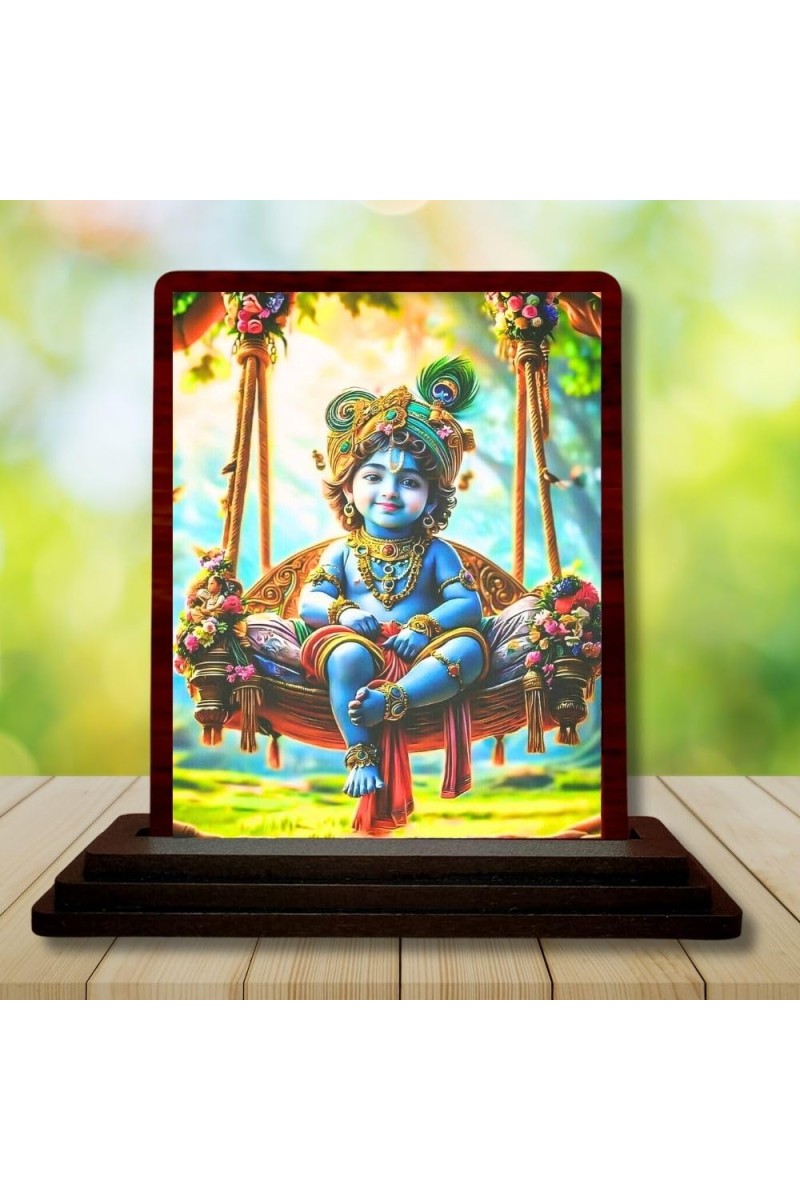 Car Desk/Table Top Lord Krishna Wooden Photo Stand â€“ 3x4 Inches, Compact & Stylish Spiritual Display For Car, Home & Office (Pack Of 1) (F14506)