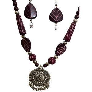 Handmade Beaded Necklace Set for Women with Oxidised Silver Pendant & Matching Earrings | Tribal Ethnic Jewellery | Boho Statement Necklace for Festive & Casual Wear Handmade Beaded Necklace Set for Women with Oxidised Silver Pendant & Matching Earrings | Tribal Ethnic Jewellery | Boho Statement Necklace for Festive & Casual Wear
