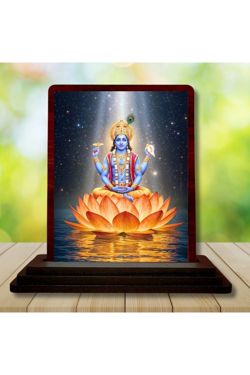 Car Desk/Table Top Lord Vishnu Wooden Photo Stand â€“ 3x4 Inches, Compact & Stylish Spiritual Display For Car, Home & Office (Pack Of 1) (F14613)