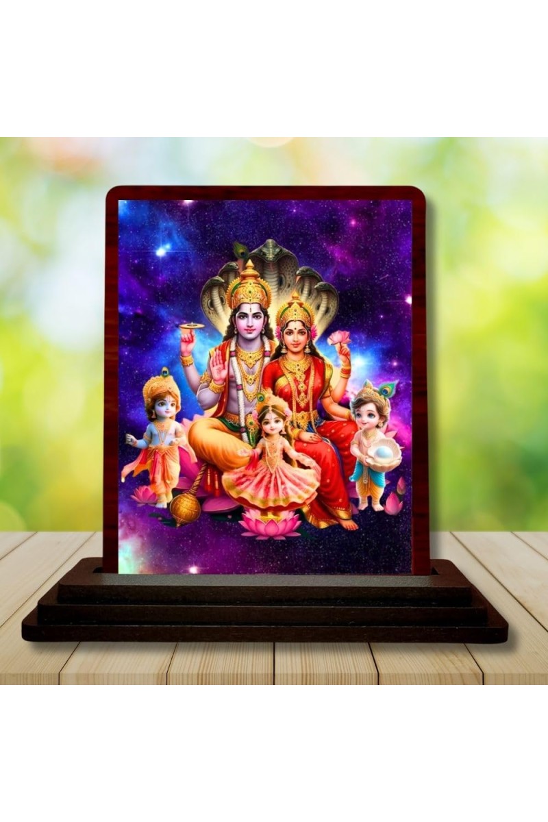 Car Desk/Table Top Lord Vishnu Lakshmi Wooden Photo Stand â€“ 3x4 Inches, Compact & Stylish Spiritual Display For Car, Home & Office (Pack Of 1) (F14441)