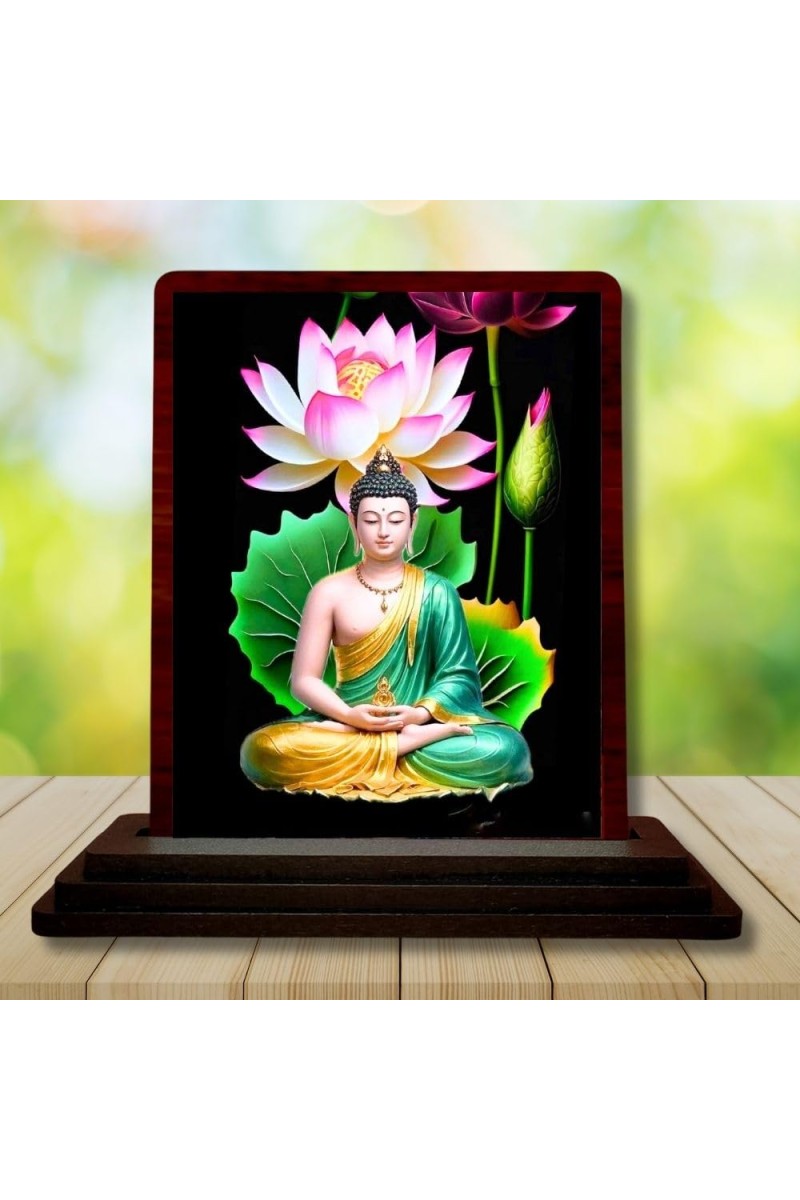 Car Desk/Table Top Lord Buddha Wooden Photo Stand â€“ 3x4 Inches, Compact & Stylish Spiritual Display For Car, Home & Office (Pack Of 1) (F14410)