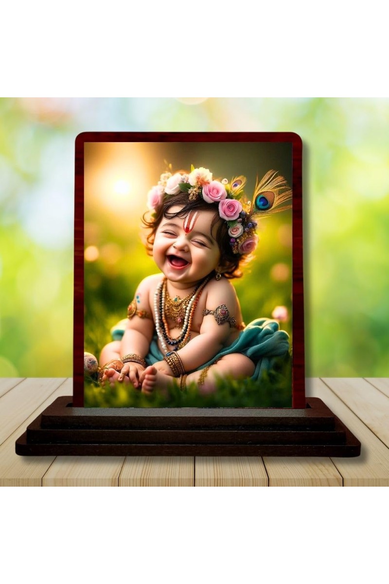 Car Desk/Table Top Lord Krishna Wooden Photo Stand â€“ 3x4 Inches, Compact & Stylish Spiritual Display For Car, Home & Office (Pack Of 1) (F14487)
