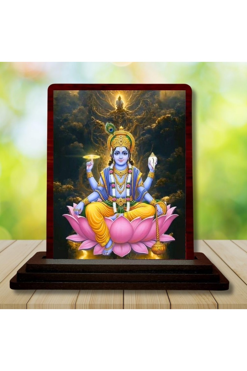 Car Desk/Table Top Lord Vishnu Wooden Photo Stand â€“ 3x4 Inches, Compact & Stylish Spiritual Display For Car, Home & Office (Pack Of 1) (F14405)