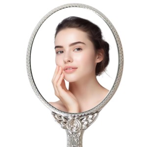 Hitech Sales Oval Silver-Plated Plastic Hand Mirror with One Wooden Hair Comb Free - Portable Mirror for Makeup, Travel, and Daily Use (Medium Size, Pack of 1)