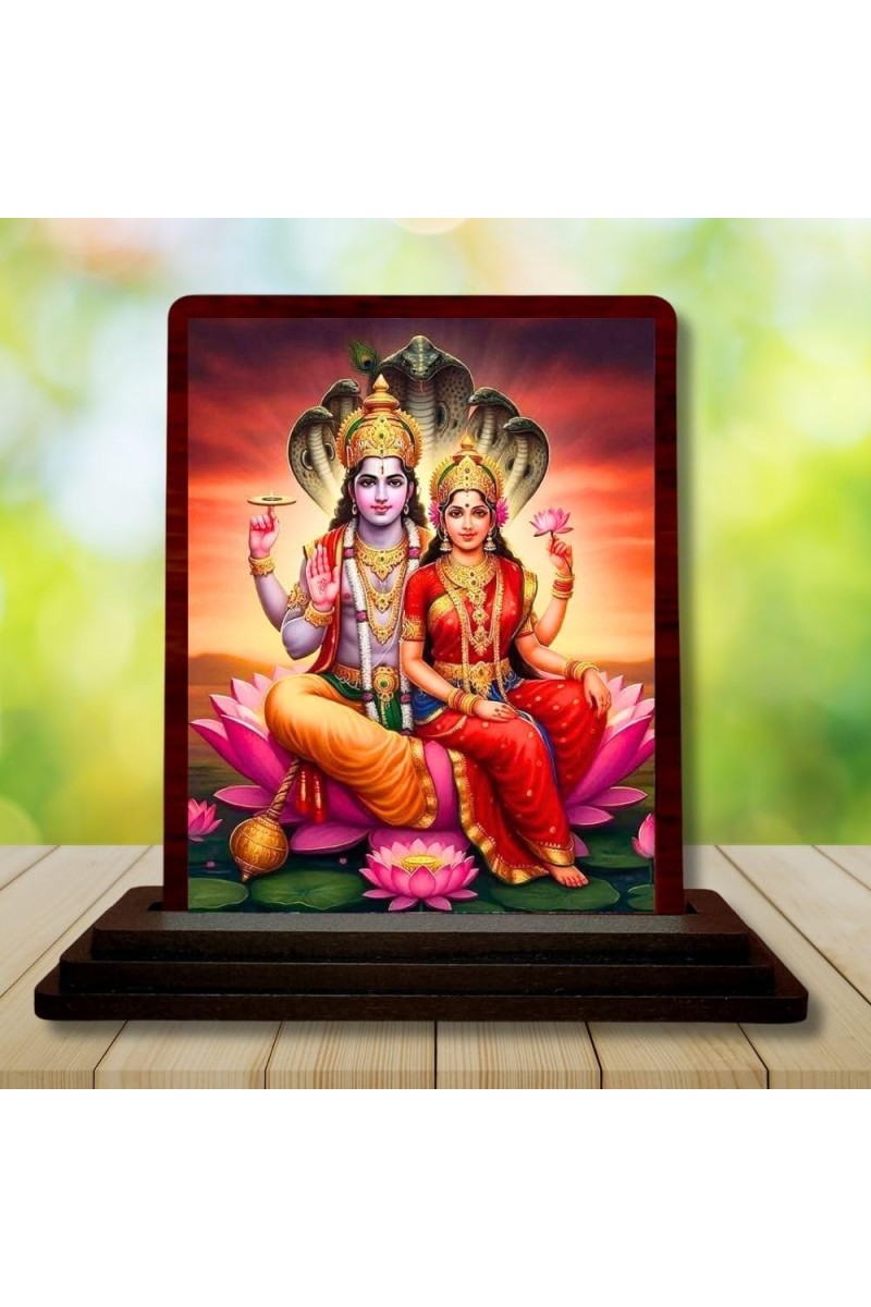 Car Desk/Table Top Lord Vishnu Lakshmi Wooden Photo Stand â€“ 3x4 Inches, Compact & Stylish Spiritual Display For Car, Home & Office (Pack Of 1) (F14561)