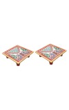 HiTechMart Handcrafted Marble Puja Chowki with Kundan Work, Makrana Marble Pooja Platform with Enamel Painting & Plastic Legs, Decorative Chowki for Mandir, Rituals, Home Décor - 4x4 inch (2, Square)