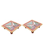 HiTechMart Handcrafted Marble Puja Chowki with Kundan Work, Makrana Marble Pooja Platform with Enamel Painting & Plastic Legs, Decorative Chowki for Mandir, Rituals, Home Décor - 4x4 inch (2, Square)