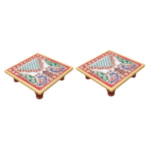 HiTechMart Handcrafted Marble Puja Chowki with Kundan Work, Makrana Marble Pooja Platform with Enamel Painting & Plastic Legs, Decorative Chowki for Mandir, Rituals, Home Décor - 4x4 inch (2, Square)