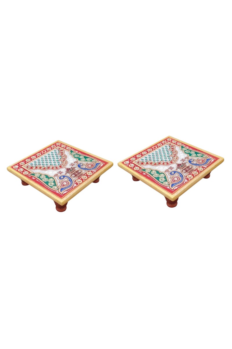 HiTechMart Handcrafted Marble Puja Chowki with Kundan Work, Makrana Marble Pooja Platform with Enamel Painting & Plastic Legs, Decorative Chowki for Mandir, Rituals, Home Décor - 4x4 inch (2, Square)