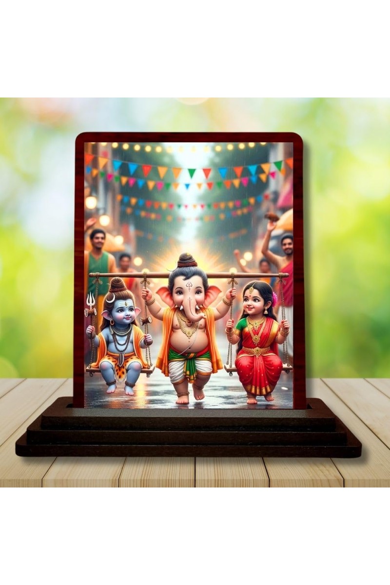 Car Desk/Table Top Lord Ganesha And Shiva Parvathi Wooden Photo Stand â€“ 3x4 Inches, Compact & Stylish Spiritual Display For Car, Home & Office (Pack Of 1) (F14380)