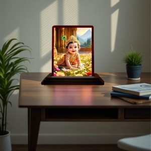 Car Desk/Table Top Lord Krishna Wooden Photo Stand 3x4 Inches, Compact & Stylish Spiritual Display For Car, Home & Office (Pack Of 1) (F14591)