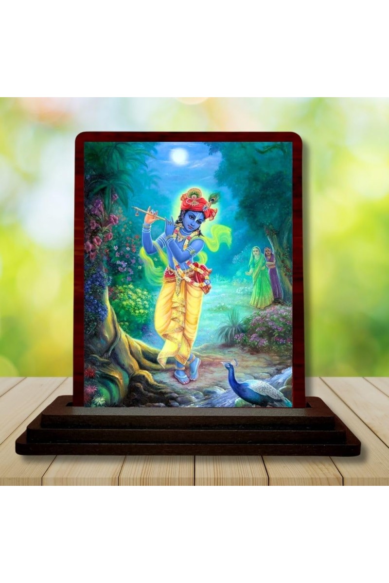 Car Desk/Table Top Lord Krishna Wooden Photo Stand â€“ 3x4 Inches, Compact & Stylish Spiritual Display For Car, Home & Office (Pack Of 1) (F14479)