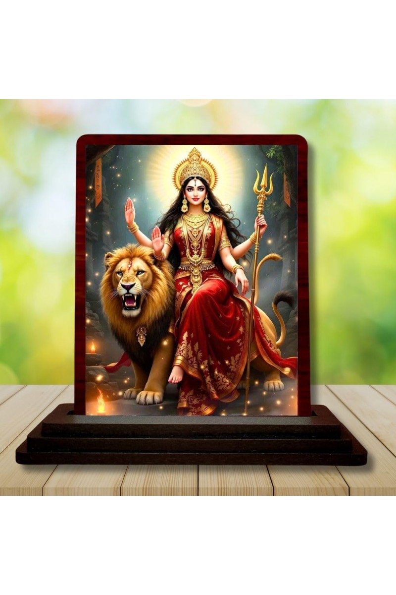 Car Desk/Table Top Goddess Durga Wooden Photo Stand â€“ 3x4 Inches, Compact & Stylish Spiritual Display For Car, Home & Office (Pack Of 1) (F14427)