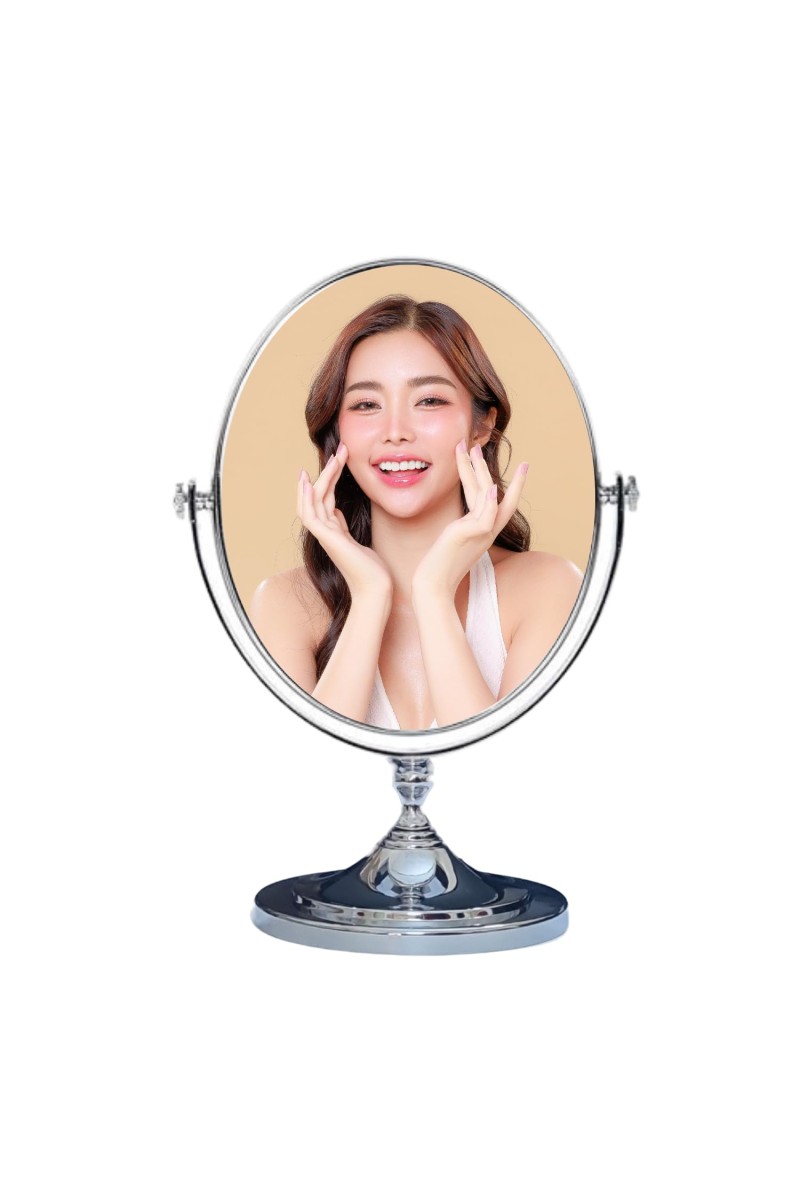 HiTechMart Double-Sided Tabletop Makeup Mirror – 360° Rotating Vanity Mirror with Chrome Finish, Ideal for Beauty, Skincare and Grooming.