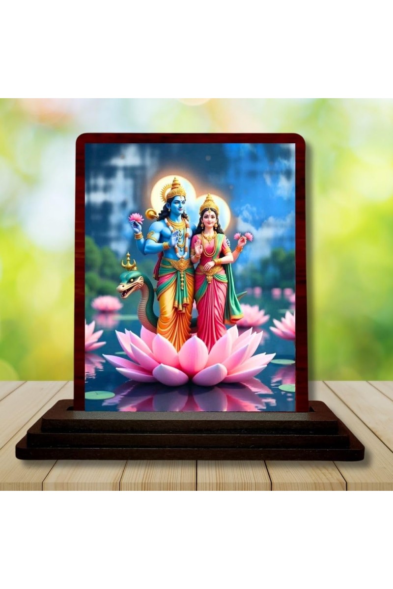 Car Desk/Table Top Lord Vishnu And Lakshmi Wooden Photo Stand â€“ 3x4 Inches, Compact & Stylish Spiritual Display For Car, Home & Office (Pack Of 1) (F14603)