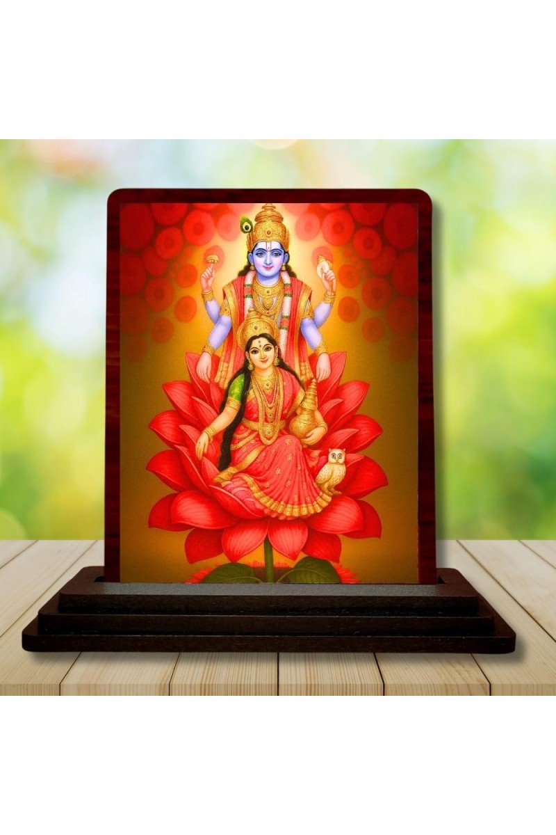 Car Desk/Table Top Lord Vishnu Lakshmi Wooden Photo Stand â€“ 3x4 Inches, Compact & Stylish Spiritual Display For Car, Home & Office (Pack Of 1) (F14562)