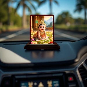 Car Desk/Table Top Lord Krishna Wooden Photo Stand 3x4 Inches, Compact & Stylish Spiritual Display For Car, Home & Office (Pack Of 1) (F14591)