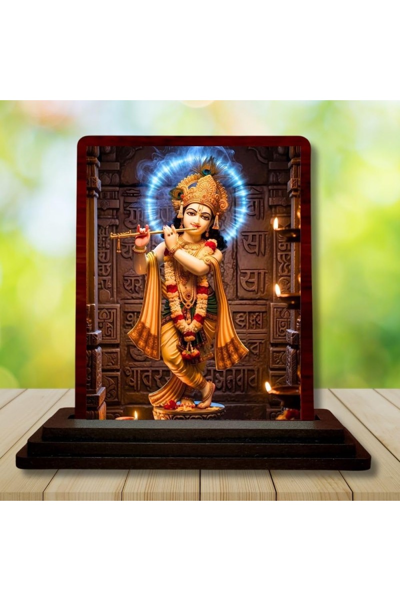 Car Desk/Table Top Lord Krishna Wooden Photo Stand â€“ 3x4 Inches, Compact & Stylish Spiritual Display For Car, Home & Office (Pack Of 1) (F14387)