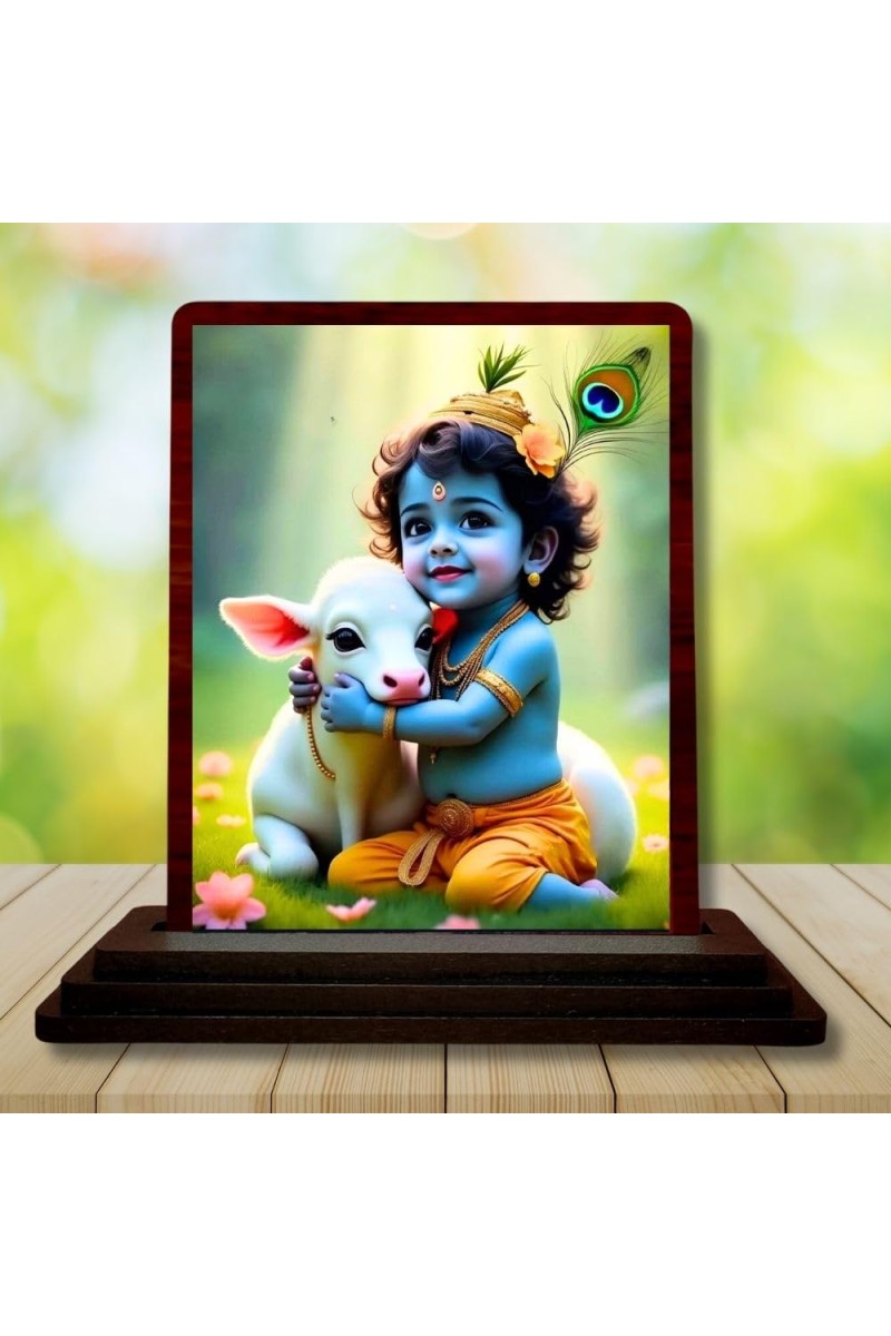 Car Desk/Table Top Lord Krishna Wooden Photo Stand â€“ 3x4 Inches, Compact & Stylish Spiritual Display For Car, Home & Office (Pack Of 1) (F14501)