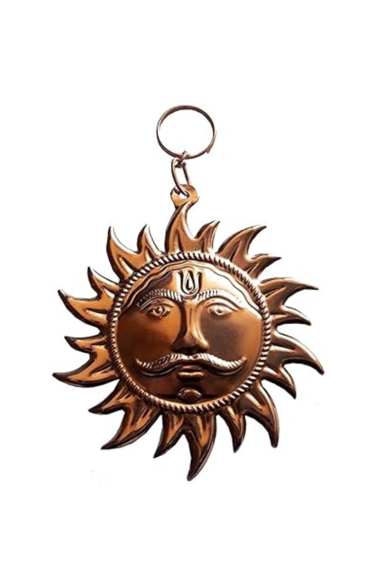 HiTechMart Copper Surya Wall Hanging | Decorative Sun Face for Home Entrance, Vastu, Puja Room & Positive Energy | Antique Finish Metal Sun God Sculpture with Hook (4 Inch)