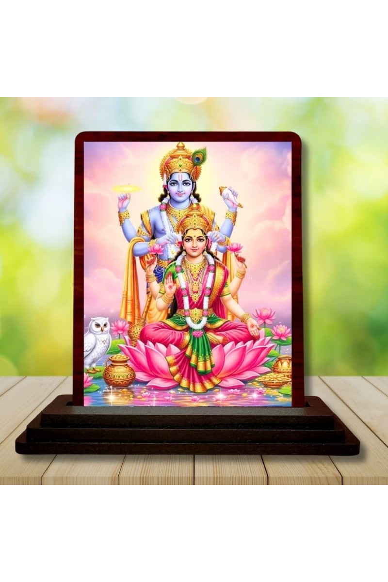 Car Desk/Table Top Lord Vishnu Lakshmi Wooden Photo Stand â€“ 3x4 Inches, Compact & Stylish Spiritual Display For Car, Home & Office (Pack Of 1) (F14563)