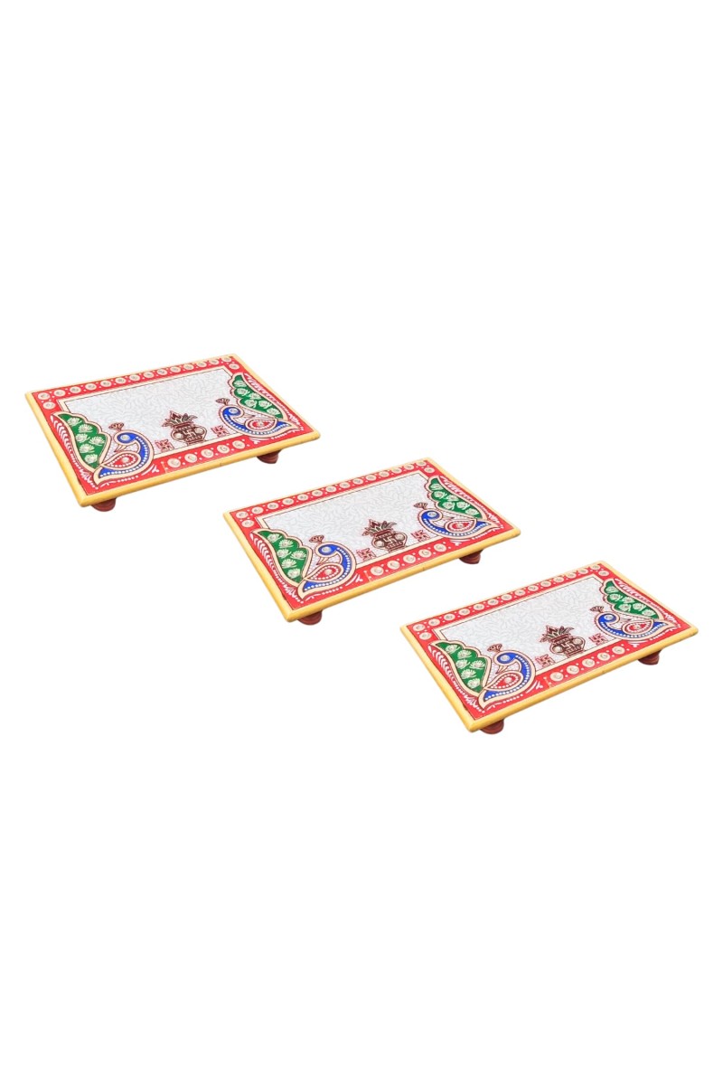 HiTechMart Makrana Marble Rectangular Puja Chowki with Hand-Painted Meenakari & Kundan Work – Decorative Bajot/Singhasan for Home Mandir, Vrat, Festivals, Pooja & Gifting Purpose (3, Rectangular)