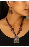 Handmade Beaded Necklace Set for Women with Oxidised Silver Pendant & Matching Earrings | Tribal Ethnic Jewellery | Boho Statement Necklace for Festive & Casual Wear (Square)