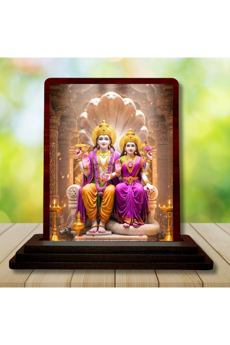 Car Desk/Table Top Lord Vishnu And Lakshmi Wooden Photo Stand â€“ 3x4 Inches, Compact & Stylish Spiritual Display For Car, Home & Office (Pack Of 1) (F14611)