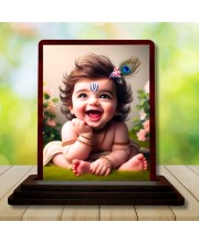 Car Desk/Table Top Lord Krishna Wooden Photo Stand â€“ 3x4 Inches, Compact & Stylish Spiritual Display For Car, Home & Office (Pack Of 1) (F14503)