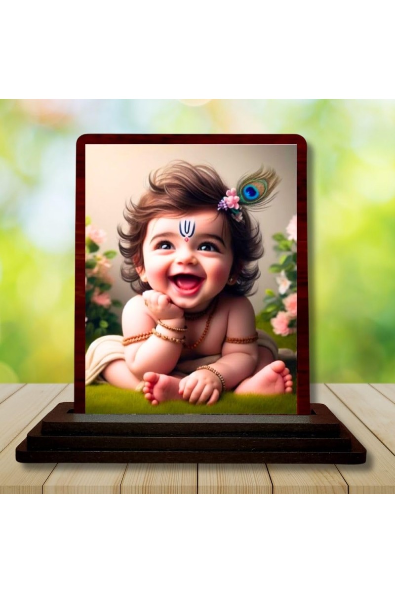 Car Desk/Table Top Lord Krishna Wooden Photo Stand â€“ 3x4 Inches, Compact & Stylish Spiritual Display For Car, Home & Office (Pack Of 1) (F14503)