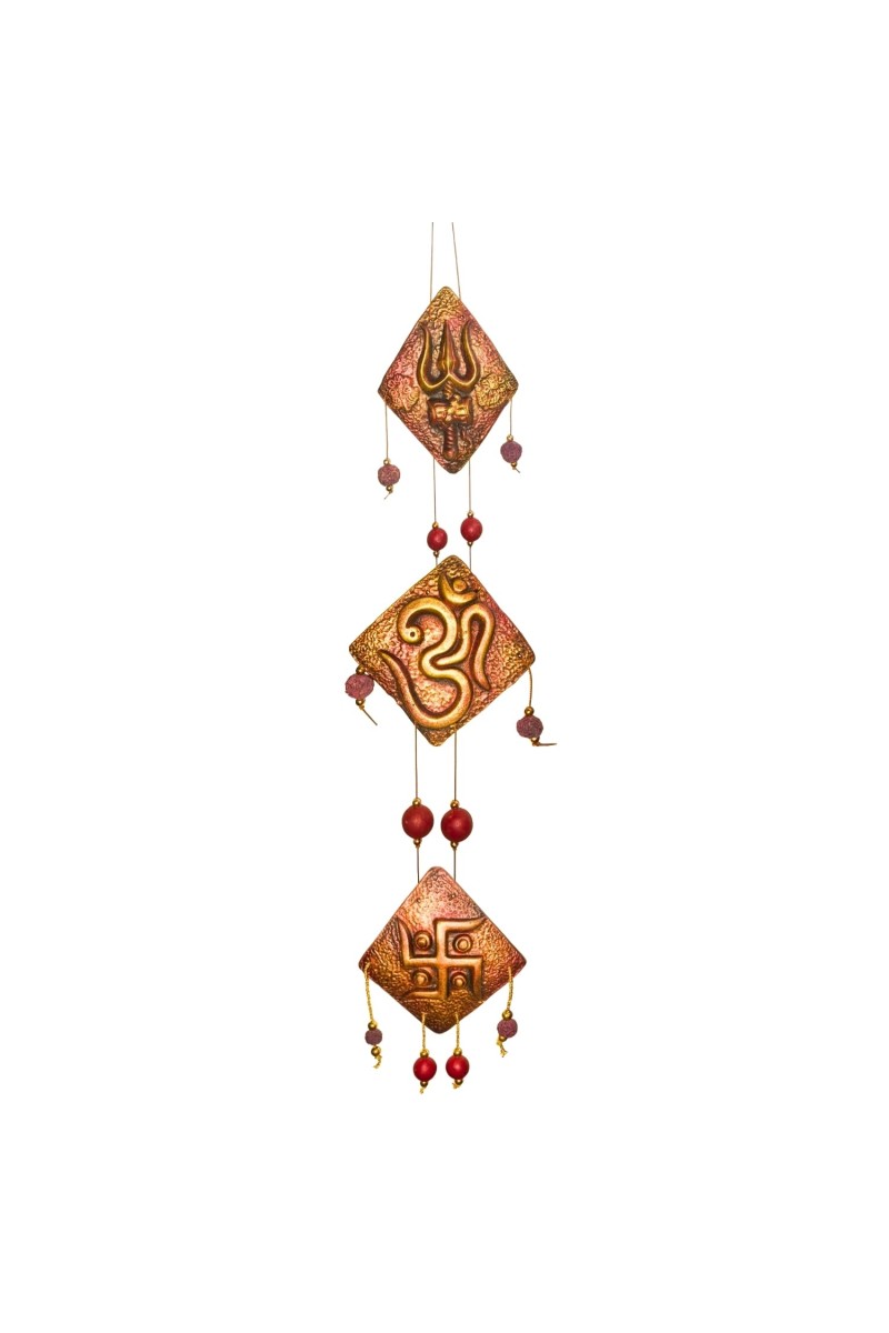Handcrafted Terracotta Wall Hanging Ornament with Trishul, Om & Swastik Symbols | Decorative Spiritual Home décor for Entrance, Pooja Room & Living Room (Triangular)