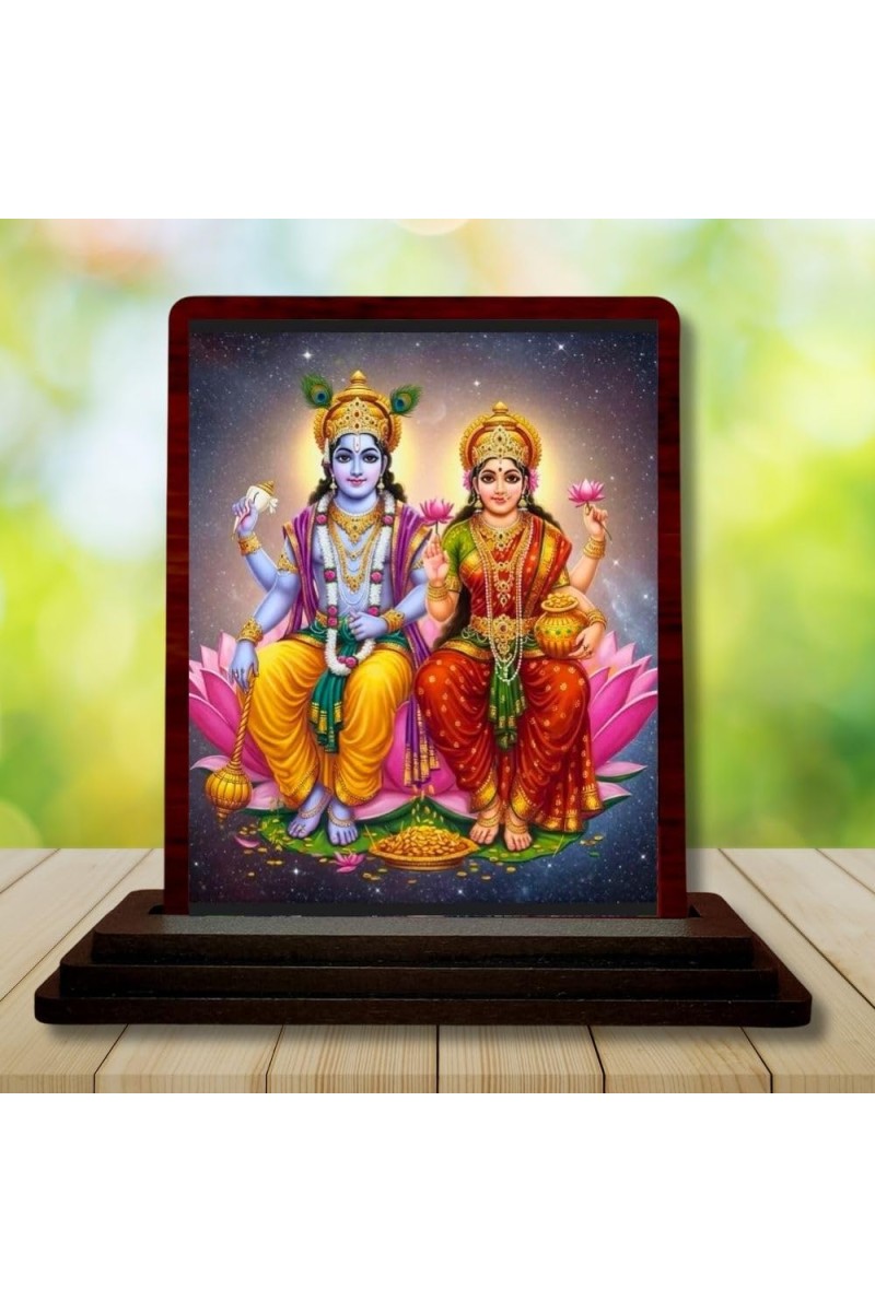 Car Desk/Table Top Lord Vishnu Lakshmi Wooden Photo Stand â€“ 3x4 Inches, Compact & Stylish Spiritual Display For Car, Home & Office (Pack Of 1) (F14560)