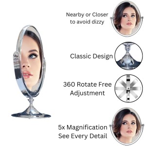 HiTechMart Double-Sided Tabletop Makeup Mirror – 360° Rotating Vanity Mirror with Chrome Finish, Ideal for Beauty, Skincare and Grooming.
