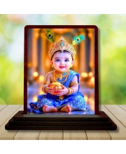 Car Desk/Table Top Lord Krishna Wooden Photo Stand â€“ 3x4 Inches, Compact & Stylish Spiritual Display For Car, Home & Office (Pack Of 1) (F14496)