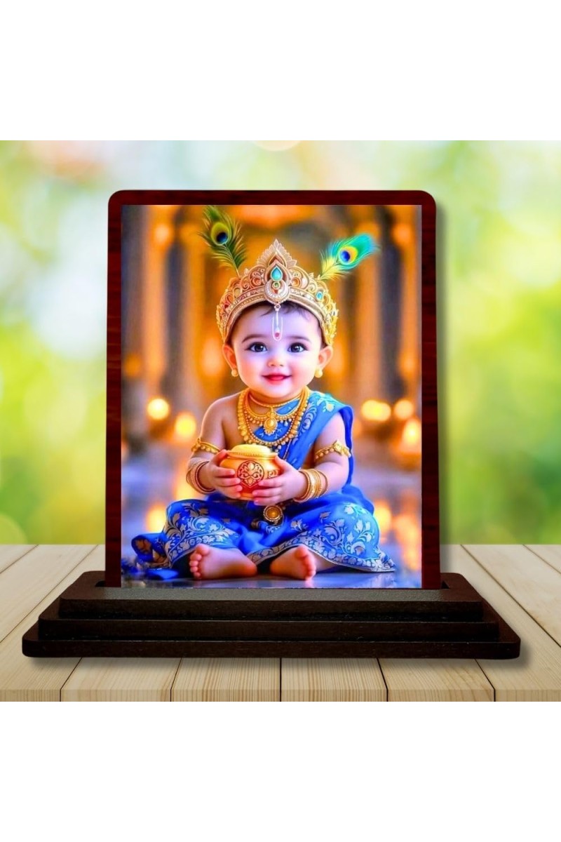 Car Desk/Table Top Lord Krishna Wooden Photo Stand â€“ 3x4 Inches, Compact & Stylish Spiritual Display For Car, Home & Office (Pack Of 1) (F14496)