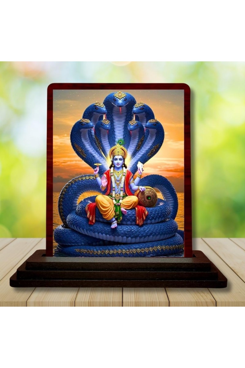 Car Desk/Table Top Lord Vishnu Wooden Photo Stand â€“ 3x4 Inches, Compact & Stylish Spiritual Display For Car, Home & Office (Pack Of 1) (F14419)