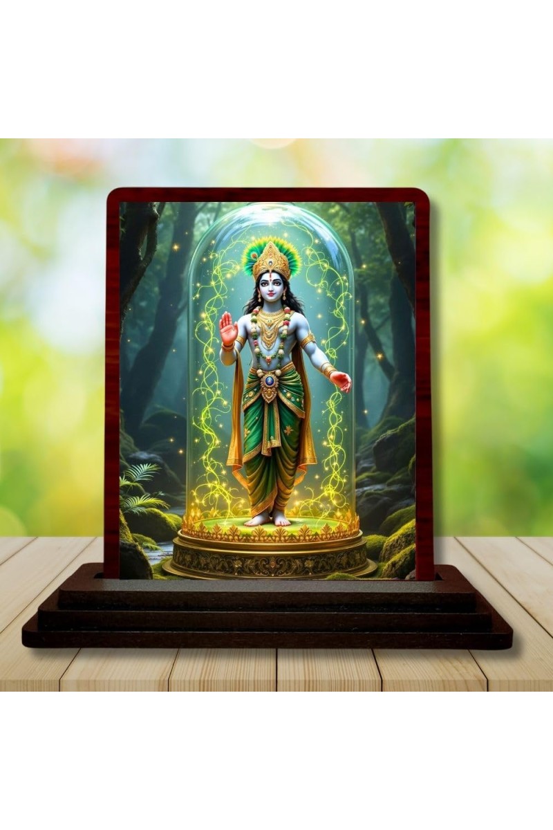 Car Desk/Table Top Lord Krishna Wooden Photo Stand â€“ 3x4 Inches, Compact & Stylish Spiritual Display For Car, Home & Office (Pack Of 1) (F14392)