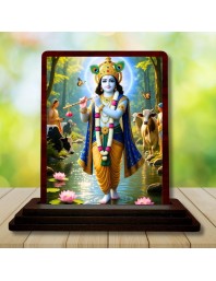 Car Desk/Table Top Lord Krishna Wooden Photo Stand 3x4 Inches, Compact & Stylish Spiritual Display For Car, Home & Office (Pack Of 1) (F14409)