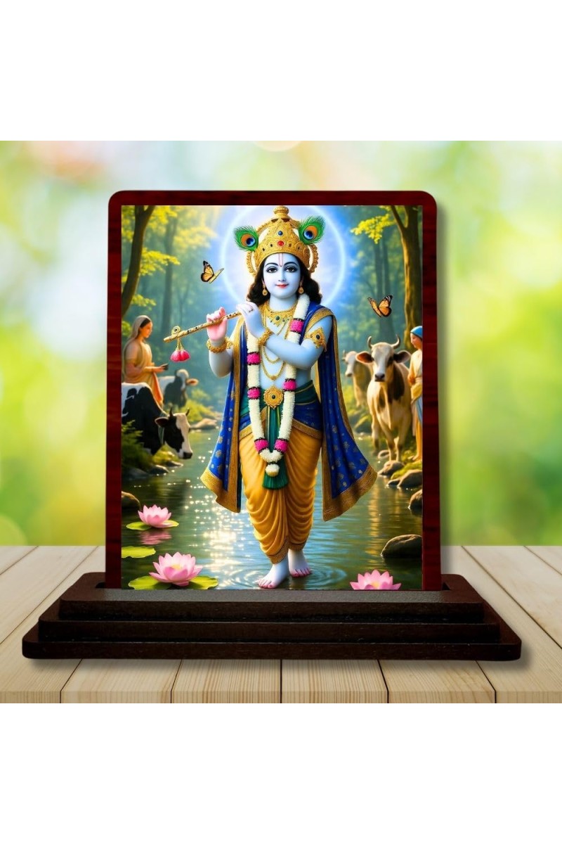 Car Desk/Table Top Lord Krishna Wooden Photo Stand â€“ 3x4 Inches, Compact & Stylish Spiritual Display For Car, Home & Office (Pack Of 1) (F14409)