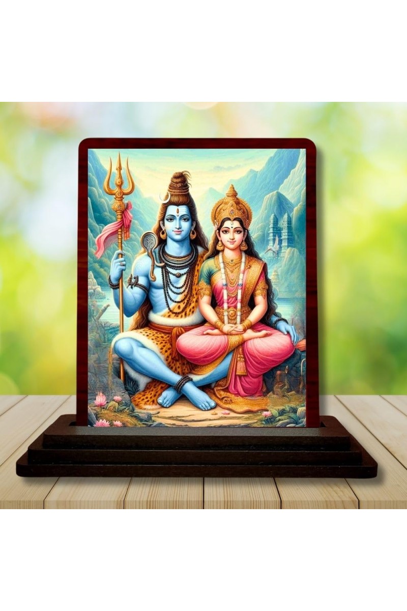 Car Desk/Table Top Lord Shiva And Parvathi Wooden Photo Stand â€“ 3x4 Inches, Compact & Stylish Spiritual Display For Car, Home & Office (Pack Of 1) (F14529)