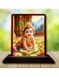 Car Desk/Table Top Lord Krishna Wooden Photo Stand 3x4 Inches, Compact & Stylish Spiritual Display For Car, Home & Office (Pack Of 1) (F14591)