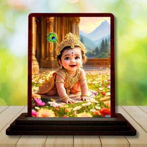 Car Desk/Table Top Lord Krishna Wooden Photo Stand 3x4 Inches, Compact & Stylish Spiritual Display For Car, Home & Office (Pack Of 1) (F14591)