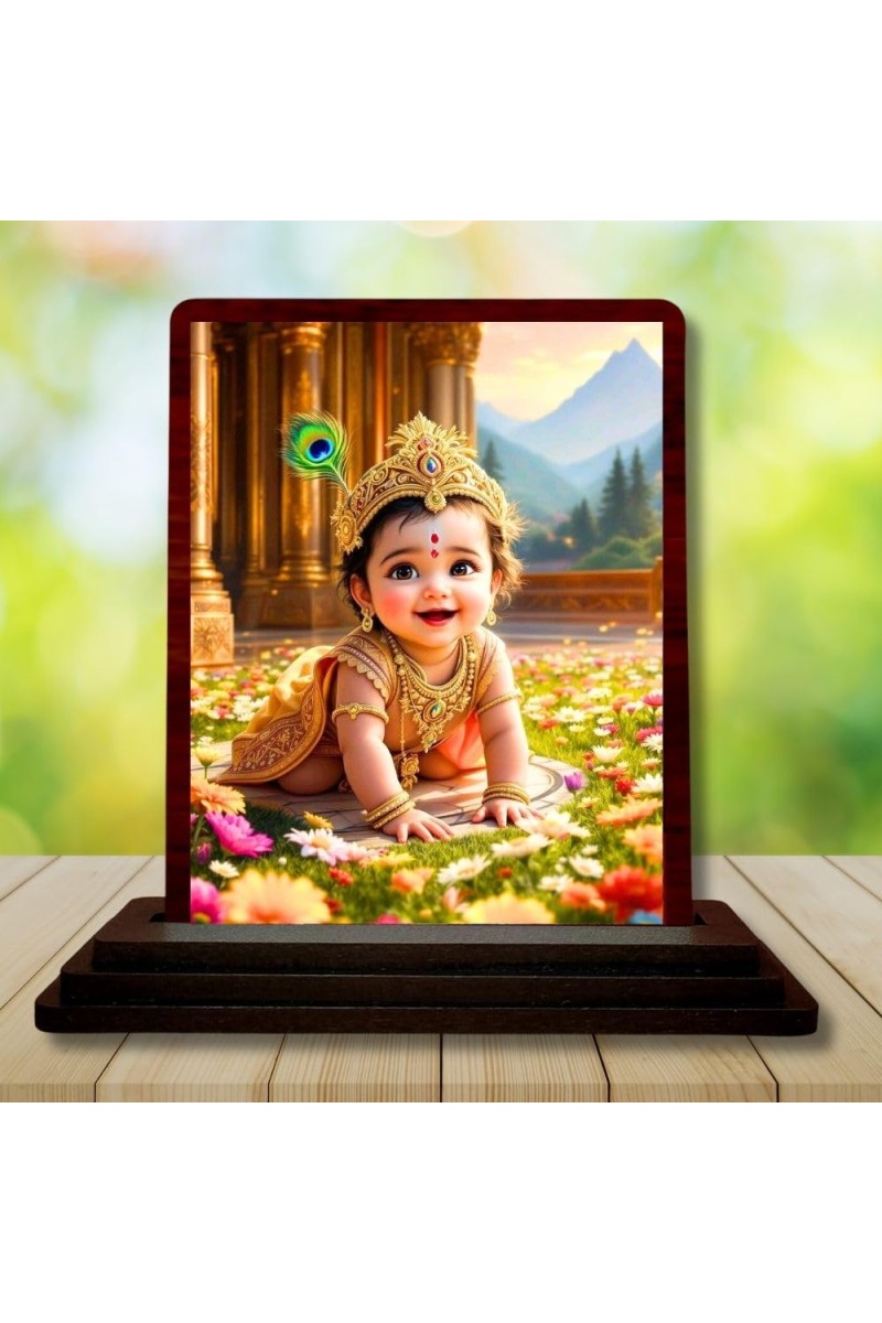 Car Desk/Table Top Lord Krishna Wooden Photo Stand â€“ 3x4 Inches, Compact & Stylish Spiritual Display For Car, Home & Office (Pack Of 1) (F14591)