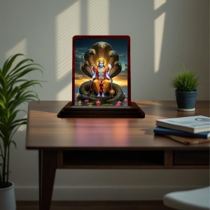 Car Desk/Table Top Lord Vishnu Wooden Photo Stand 3x4 Inches, Compact & Stylish Spiritual Display For Car, Home & Office (Pack Of 1) (F14422)