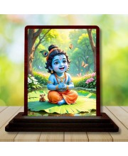 Car Desk/Table Top Lord Krishna Wooden Photo Stand â€“ 3x4 Inches, Compact & Stylish Spiritual Display For Car, Home & Office (Pack Of 1) (F14592)