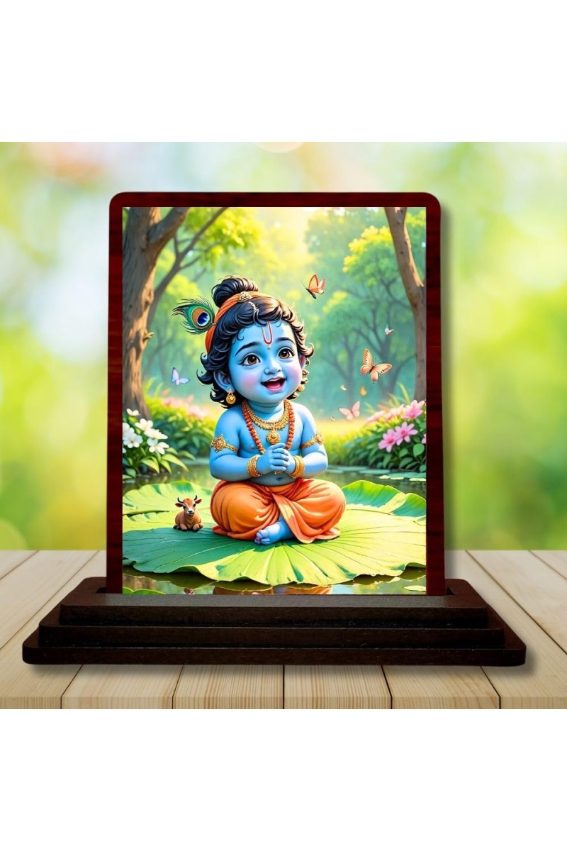 Car Desk/Table Top Lord Krishna Wooden Photo Stand â€“ 3x4 Inches, Compact & Stylish Spiritual Display For Car, Home & Office (Pack Of 1) (F14592)