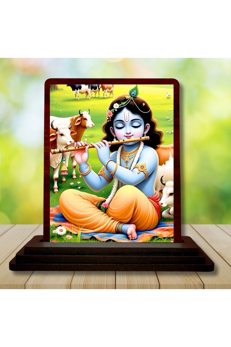 Car Desk/Table Top Lord Krishna Wooden Photo Stand â€“ 3x4 Inches, Compact & Stylish Spiritual Display For Car, Home & Office (Pack Of 1) (F14593)