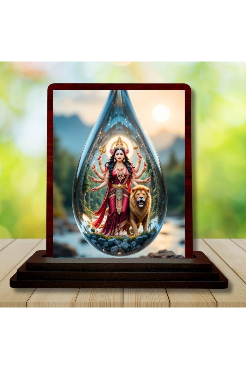 Car Desk/Table Top Goddess Durga Wooden Photo Stand â€“ 3x4 Inches, Compact & Stylish Spiritual Display For Car, Home & Office (Pack Of 1) (F14426)
